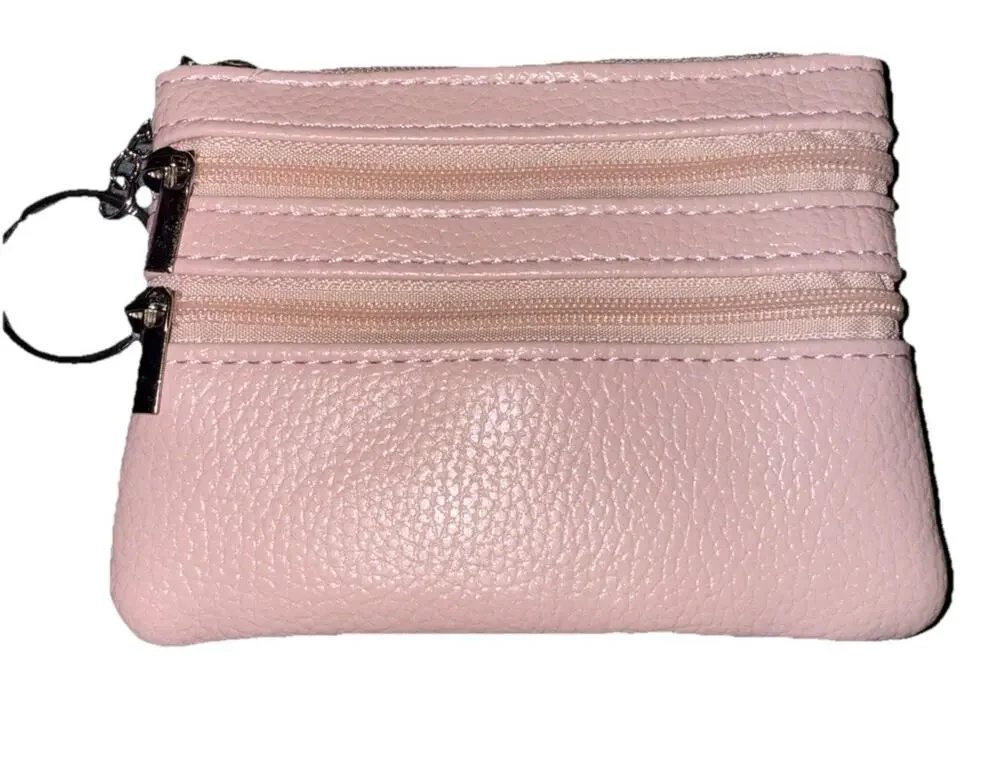 NWT Pink Faux Leather Coin Purse Card Holder with Key Ring Waterproof Zipper